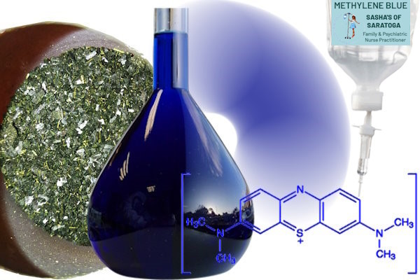 Methylene Blue crystals in rock, Methylene Blue in bottle, diagram of Methylene Blue molecule, and IV bag.