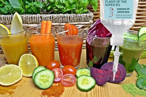 Flight of the Super B's - fruit and vegetable juices in glasses